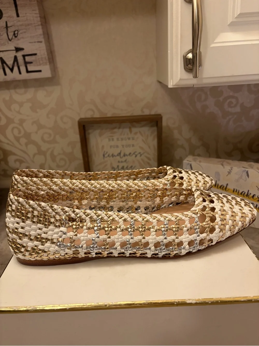 Talbots Woven Ballet Flats in White and Gold Metallic